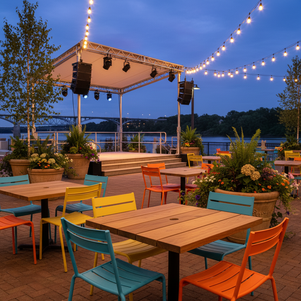A close, eye-level photographic scene of an outdoor plaza beside the Chattahoochee River in Columbus, Georgia, designed as a vibrant community hub without showing people. The focus is on thoughtfully arranged details: colorful metal café chairs, sturdy wooden tables with subtle grain, a well-maintained brick paver surface, and planters overflowing with native greenery and seasonal flowers. In the mid-ground, a small stage with professional lighting rigs and a simple canopy hints at live music and community events. Beyond, the river and a recognizable Columbus bridge are softly rendered. Warm string lights hang overhead, glowing against a blue twilight sky, creating an energetic yet professional atmosphere. The composition follows the rule of thirds with a shallow depth of field, giving the image a dynamic, authentic, non-stock feel.