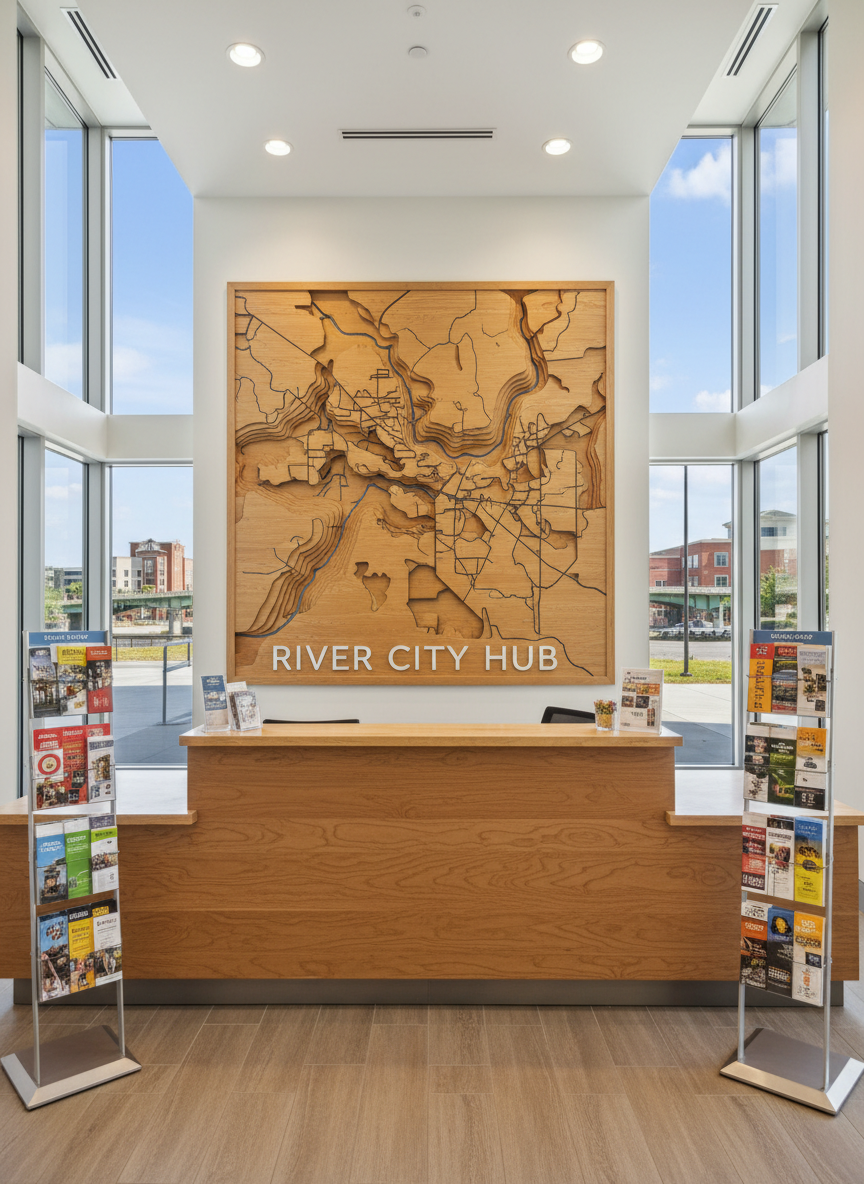 An interior photographic view of a polished community information center branded as River City Hub, designed for the Valley region, shown without any people. The main subject is a long, natural-wood information desk with a matte finish, flanked by sleek metal brochure stands filled with colorful but unreadable flyers symbolizing local events, arts, and business opportunities. Behind the desk, a wall-sized, stylized map of the Chattahoochee River Valley appears as an abstract relief sculpture, avoiding legible text but clearly referencing the local geography. Soft, even ceiling lighting combines with daylight from large windows that reveal a hint of Columbus riverfront architecture outside. The mood is professional, organized, and welcoming. Shot at eye level with clean, modern photographic realism, the composition balances foreground detail with an open, airy background suggesting an inclusive, community-first space.