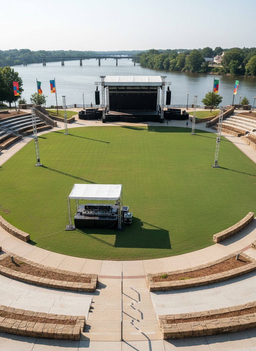 A high-angle photographic scene of the Columbus, Georgia riverfront focusing on a well-designed public lawn used for festivals and community gatherings, intentionally shown empty to avoid people. The central green space is framed by a gently sloping amphitheater of terraced concrete steps and low stone walls, with the Chattahoochee River sparkling beyond. Event infrastructure is visible: a professional sound booth, simple metal truss lighting, and a covered stage, all neatly arranged and powered down. Flags and banners are present as color blocks with no readable text, hinting at local diversity and cultural celebrations. Late-morning sunlight casts crisp but not harsh shadows, giving clarity to textures in grass, stone, and water. The mood is energetic yet prepared, as if awaiting the next big community event. The composition emphasizes depth, guiding the viewer from foreground terraces to distant river bridges.